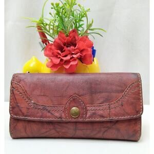 Frye Brown Leather Logo Credit Card ID Window Trifold Long Wallet
